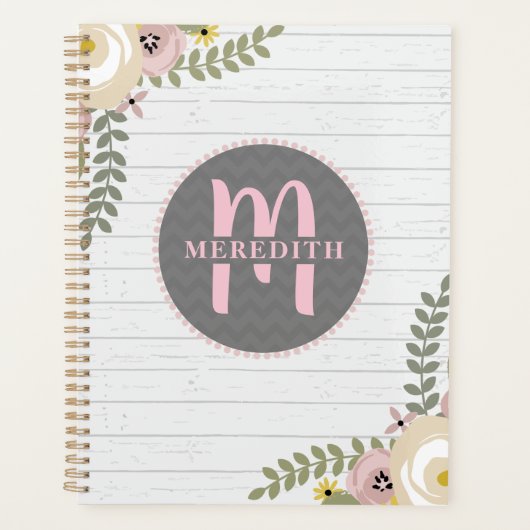Monogrammed Dusty Floral Grey Wood Planner (Voorkant)