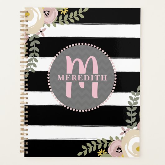 Monogrammed Dusty Floral Stripes Planner (Voorkant)