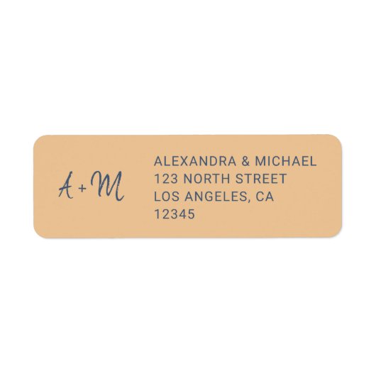 Monogrammed dusty roos navy script trouwrsvp etiket (Voorkant)