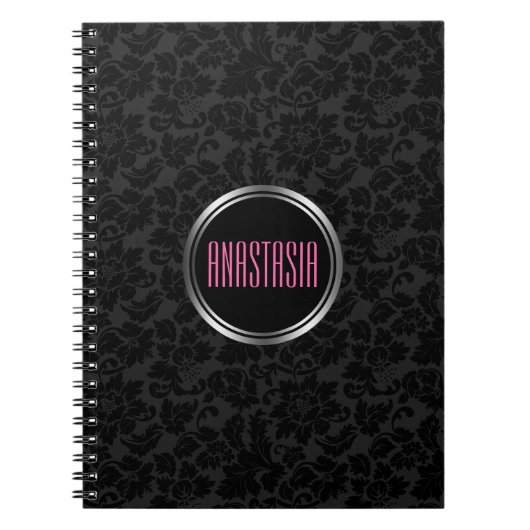 Monogrammed Eenvoudig Zwart Damast Notitieboek (Voorkant)