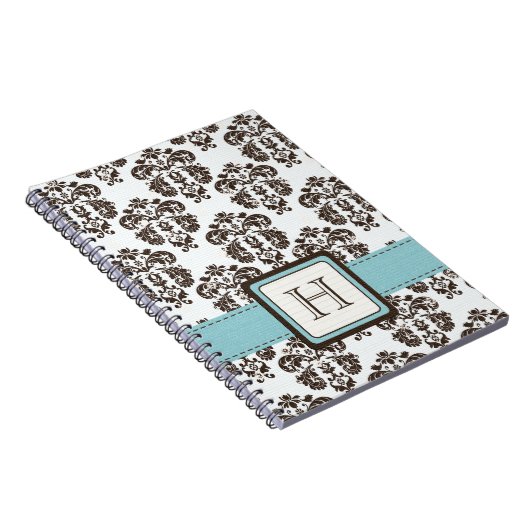 Monogrammed Eggshell Blue Brown Damask Spiral Note Notitieboek (Rechterzijde)