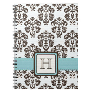 Monogrammed Eggshell Blue Brown Damask Spiral Note Notitieboek