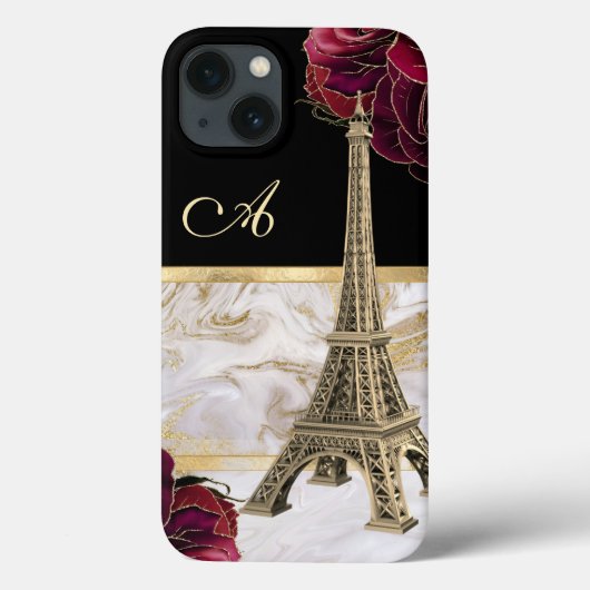 Monogrammed Eiffeltower Gold, zwart marmer Roos Case-Mate iPhone Case (Achterkant)