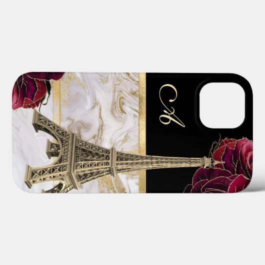 Monogrammed Eiffeltower Gold, zwart marmer Roos Case-Mate iPhone Case (Achterkant (horizontaal))