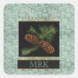 Monogrammed Elegance with Pine Cones Vierkante Sticker
