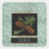 Monogrammed Elegance with Pine Cones Vierkante Sticker (Voorkant)