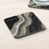 Monogrammed Elegant Black, Gold en Grey Agate Bier Onderzetter (Linkerzijde)