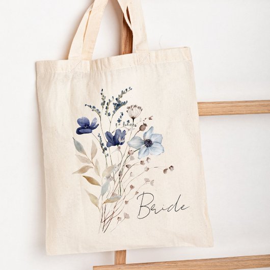 Monogrammed Elegant Blauw Bloem Boeket Tote Bag