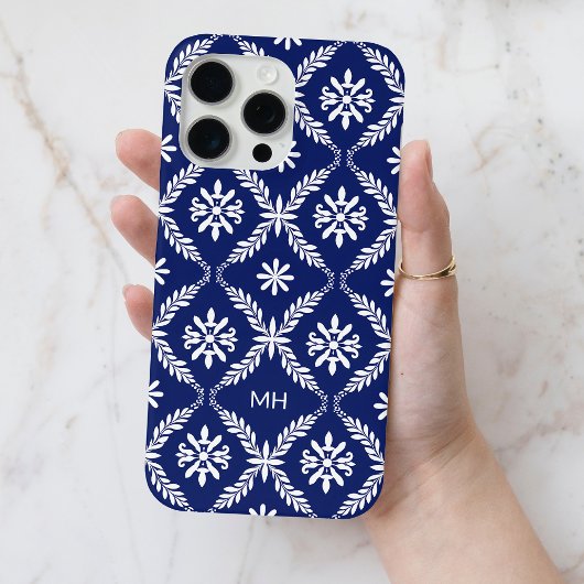 Monogrammed Elegant Blauw en Wit Bloempatroon Case-Mate iPhone Case
