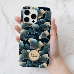 Monogrammed Elegant Blauw Ginkgo Bloempatroon iPhone 15 Pro Max Hoesje