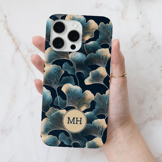 Monogrammed Elegant Blauw Ginkgo Bloempatroon Case-Mate iPhone Case