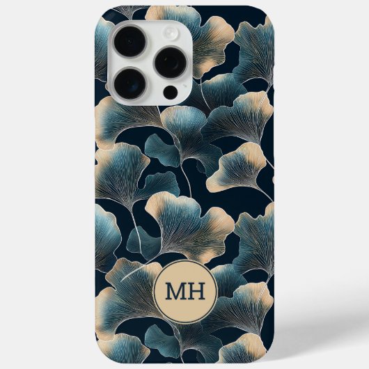 Monogrammed Elegant Blauw Ginkgo Bloempatroon Case-Mate iPhone Case (Achterkant)