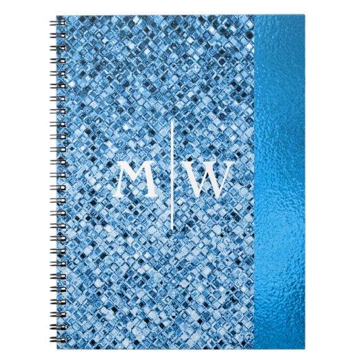 Monogrammed Elegant Blue Glitter Kijk Luxury Notitieboek (Voorkant)