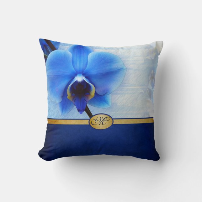 Monogrammed Elegant Blue Orchid Gold Textured Kussen (Voorkant)