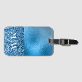 Monogrammed Elegant Blue Sparkle Glitter Luxury Bagagelabel (Voorkant (horizontaal))