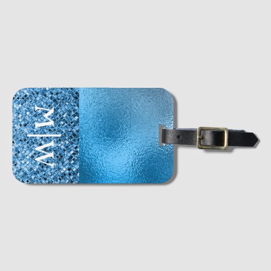 Monogrammed Elegant Blue Sparkle Glitter Luxury Bagagelabel (Voorkant (horizontaal))