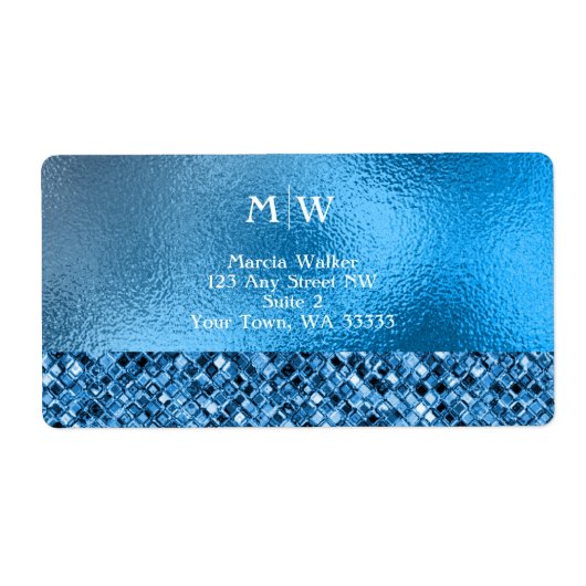 Monogrammed Elegant Blue Sparkle Glitter Luxury Etiket (Voorkant)