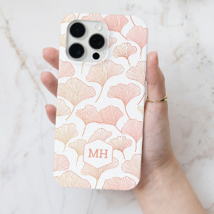 Monogrammed Elegant Blush Pink Ginkgo Leaf Patroon iPhone 15 Pro Max Hoesje