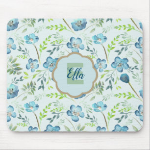 Monogrammed Elegant Boho Blue Waterverf Flowers Muismat