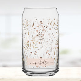 Monogrammed Elegant Bruin Bloemen Botanisch Blikvorm Glas
