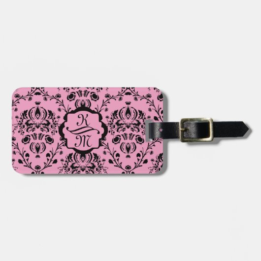 Monogrammed Elegant Classy Pink Black Damask Girly Bagagelabel (Voorkant horizontaal)