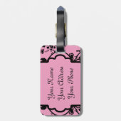 Monogrammed Elegant Classy Pink Black Damask Girly Bagagelabel (Achterkant verticaal)