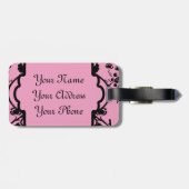 Monogrammed Elegant Classy Pink Black Damask Girly Bagagelabel (Achterkant horizontaal)