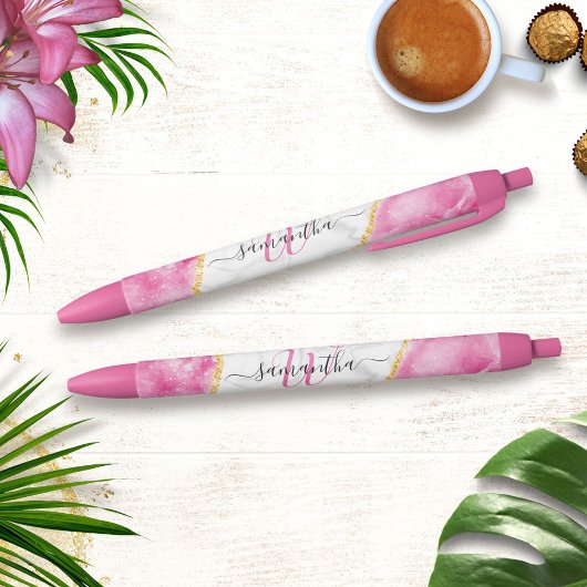 Monogrammed Elegant Girly Glam Pink White Marble Blauwe Inkt Pen