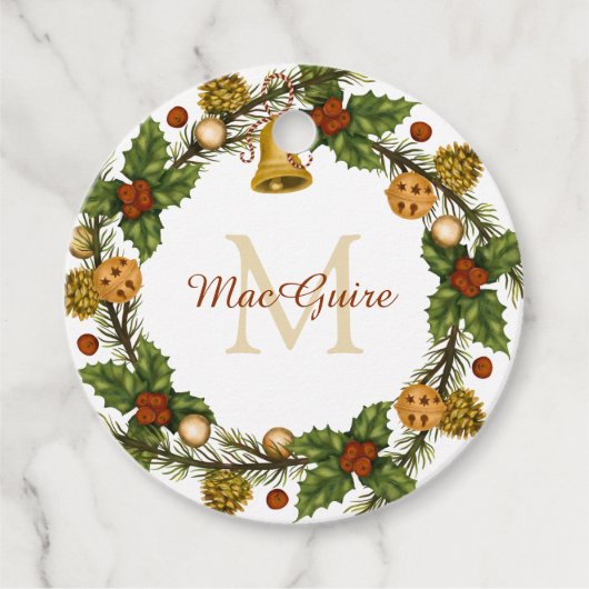 Monogrammed  Elegant Kerstmis Wreath Bedankjes Labels (Voorkant)
