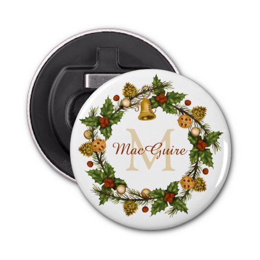 Monogrammed  Elegant Kerstmis Wreath Button Flesopener (Voorkant)