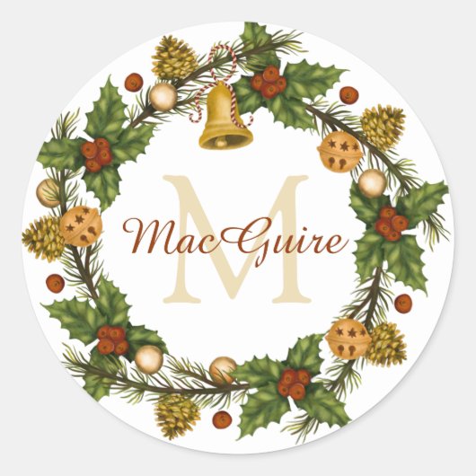 Monogrammed  Elegant Kerstmis Wreath Ronde Sticker (Voorkant)