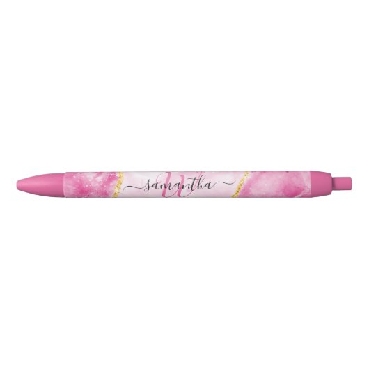 Monogrammed Elegant Modern Girly Glam Pink Marble Blauwe Inkt Pen (Voorkant)