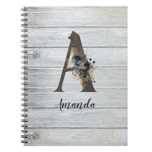 Monogrammed Elegant Modern Gothic Black Roos A-lap Notitieboek (Voorkant)