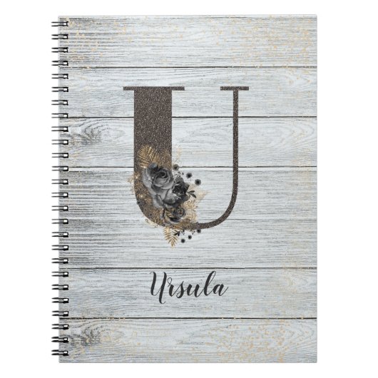 Monogrammed Elegant Modern Gothic Black Roos U-lap Notitieboek (Voorkant)