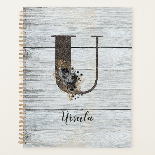 Monogrammed Elegant Modern Gothic Black Roos U Planner (Voorkant)