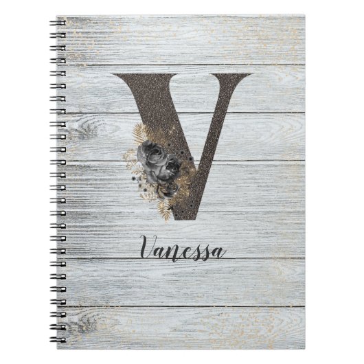 Monogrammed Elegant Modern Gothic Black Roos V Notitieboek (Voorkant)