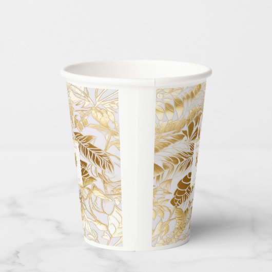 Monogrammed Elegant Monstera Vergulde Gouden Bruil Papieren Bekers (Rechts)