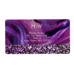 Monogrammed Elegant Paarse Marble Glitter Luxury Etiket