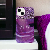 Monogrammed Elegant Paarse Marble Glitter Luxury iPhone Hoesje