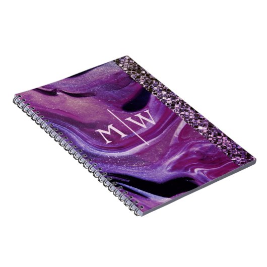 Monogrammed Elegant Paarse Marble Glitter Luxury Notitieboek (Rechterzijde)