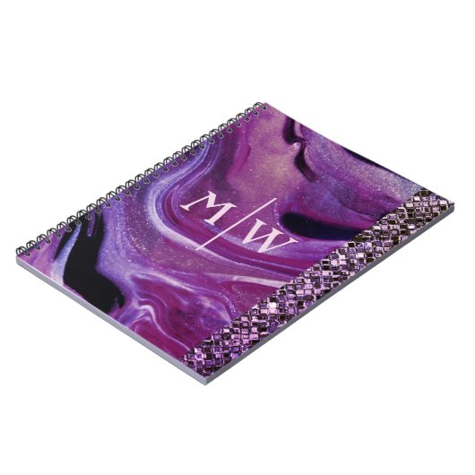 Monogrammed Elegant Paarse Marble Glitter Luxury Notitieboek (Linkerzijde)