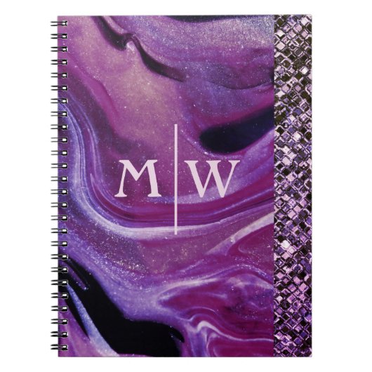 Monogrammed Elegant Paarse Marble Glitter Luxury Notitieboek (Voorkant)