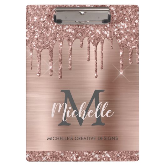 Monogrammed Elegant Pink Rose Gold Glitter Druppel Klembord (Voorkant)