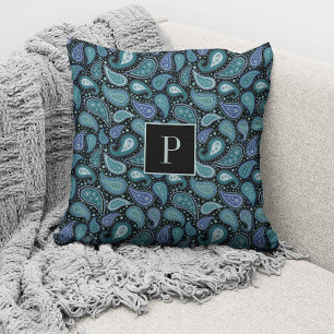 Monogrammed Elegant Retro Blue Paisley Pattern Kussen