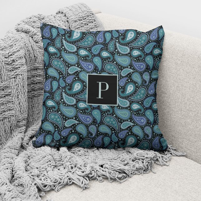 Monogrammed Elegant Retro Blue Paisley Pattern Kussen (Creator heeft geüpload)