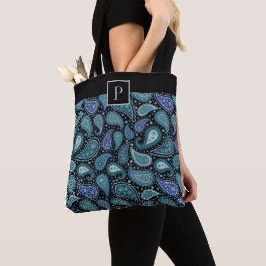 Monogrammed Elegant Retro Blue Paisley Pattern Tote Bag (Dichtbij)
