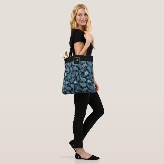 Monogrammed Elegant Retro Blue Paisley Pattern Tote Bag (Op model)
