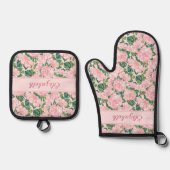 Monogrammed Elegant Roze Rozen en Monstera Bloemen Ovenwant & Pannenlap Set (Voorkant)