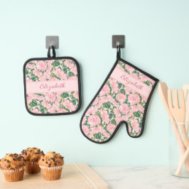 Monogrammed Elegant Roze Rozen en Monstera Bloemen Ovenwant & Pannenlap Set