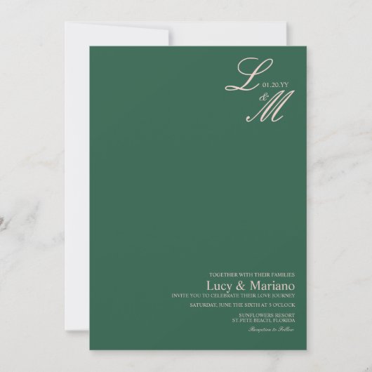 Monogrammed Elegant Script Green Beige Wedding Kaart (Voorkant)
